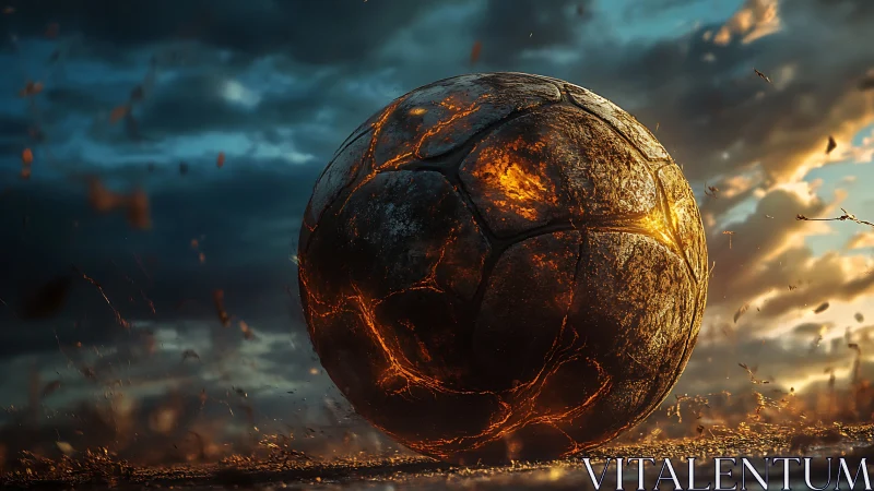 Molten lava soccer ball under stormy cinematic sky.
