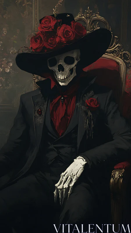 Skeleton in black suit and red roses seated on throne.