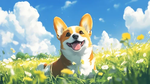 Joyful corgi basking in sunlit wildflower meadow panorama.