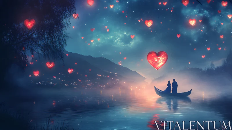 Floating Hearts Over Lake at Twilight.