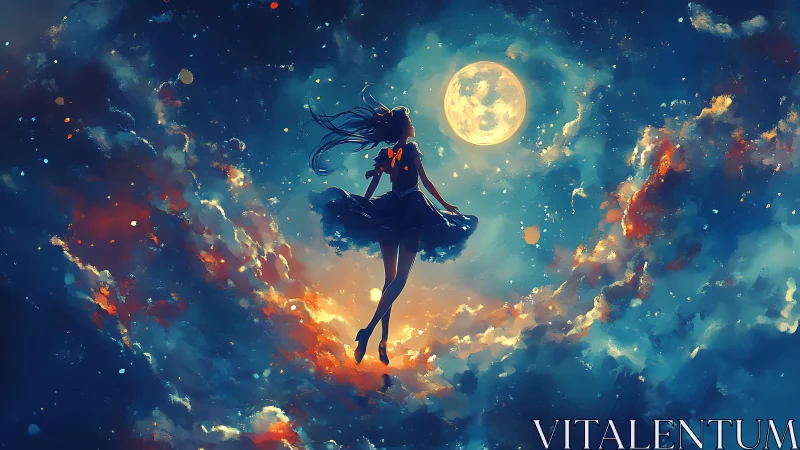 Moonlit dreamer drifting through a painted cosmic sky.