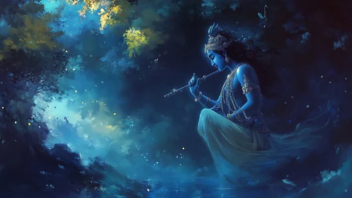 Luminous blue deity with flute in misted nocturnal forest.