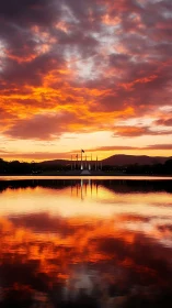 Sunset sky and lakeside monument with vivid reflections.