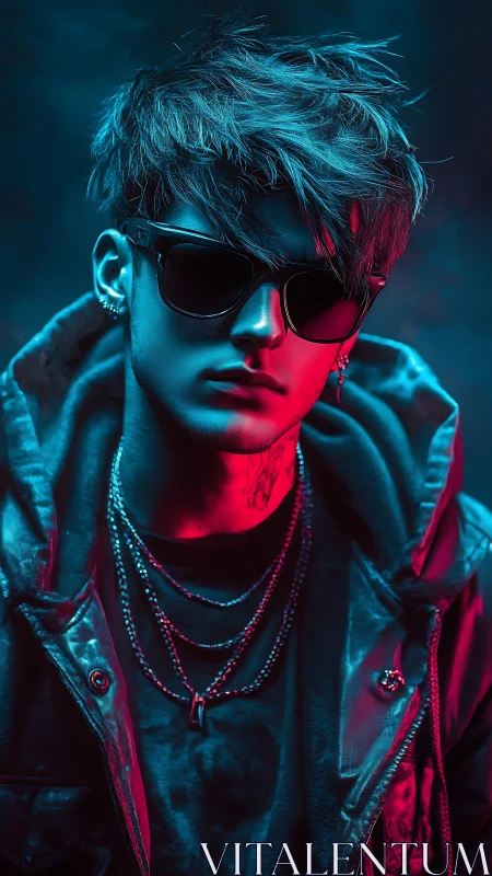 Cool neon-lit rebel in glossy jacket and dark shades.