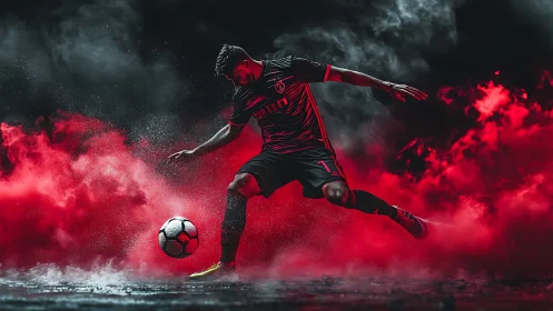Soccer player striking ball amid red and black smoke clouds.