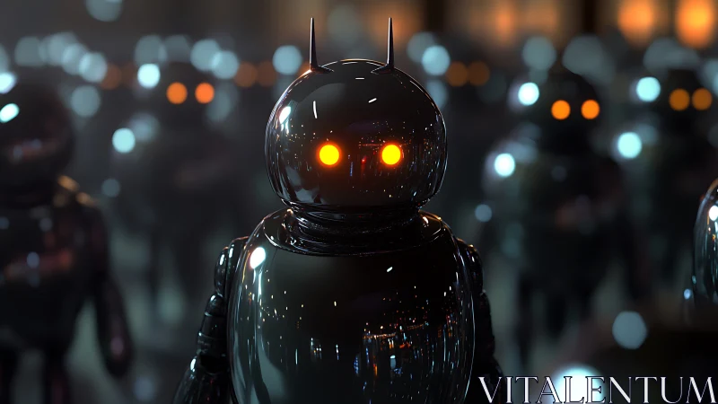 Friendly chrome robot glows warmly in a soft neon crowd.