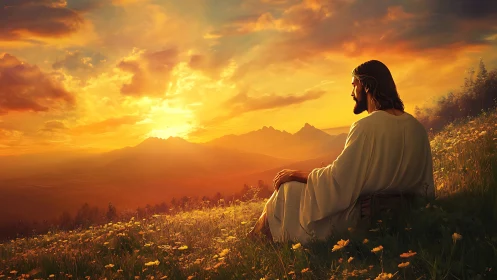 Sunset contemplation on a wildflower hillside with robed figure.