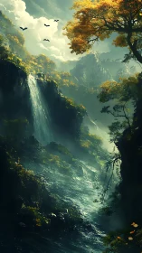 Digital painting of misty cascade in luminous forest gorge.