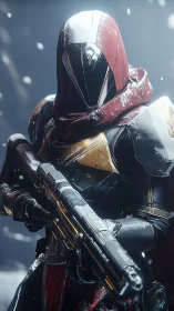 Lone sci fi guardian ready for snow lit battlefield watch.