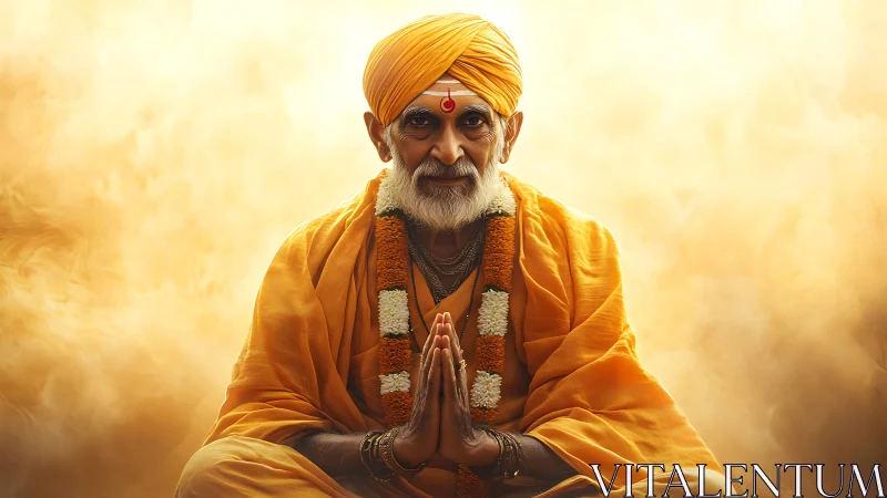 Elderly Hindu guru in orange robes, frontal meditative portrait