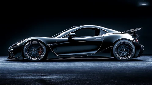 Side profile of black high-performance sports car at night.