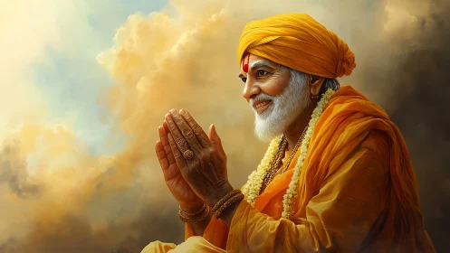 Serene elderly guru in golden robes amid glowing clouds.