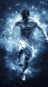 Streaking iceborn striker sprints through cosmic stadium storm