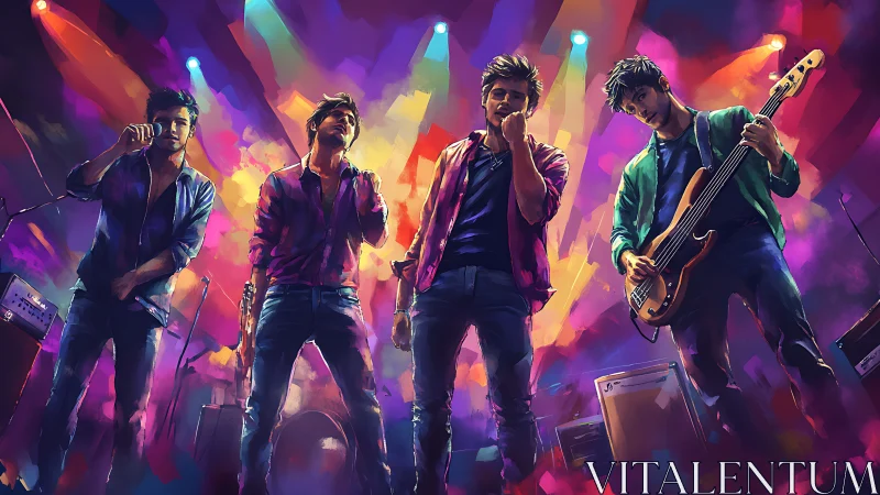 Four male musicians perform on stage under vivid colored lights