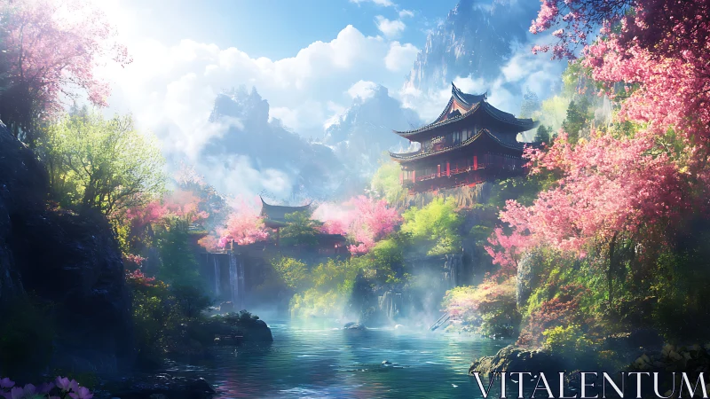 Mist-veiled pagoda amid sakura valley and reflective river gorge