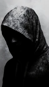 Shadowed hooded figure emerges from a stark grayscale void