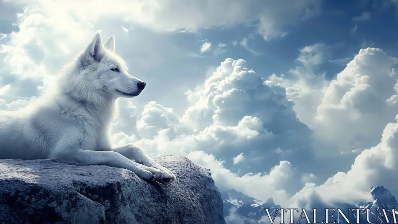 White alpine wolf resting on cliff under dramatic clouds.