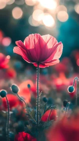 Pink cosmos flower backlit with blurred bokeh background.