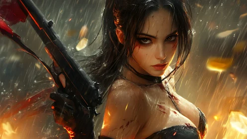 Gunwoman warrior under rain amid firelit battlefield.