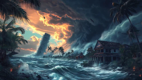 Coastal houses face massive storm surge and tilted tower