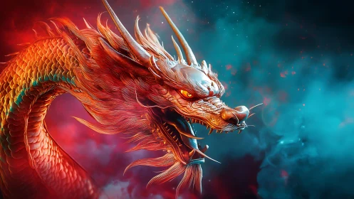 Crimson oriental dragon rendered in luminous neon bicolor haze.