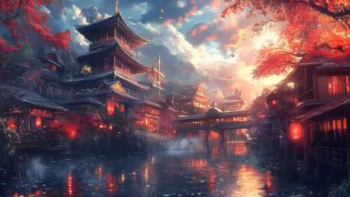 Digital painting of luminous riverside pagoda district at dusk.