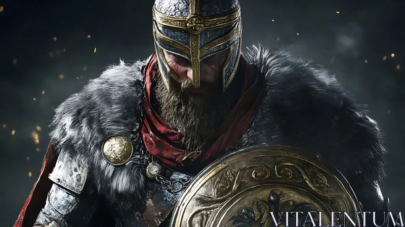 Battleworn Viking warrior in fur cloak with ornate shield