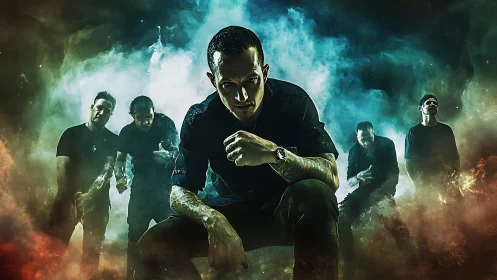 Rock band portrait in dramatic colored smoke scene.