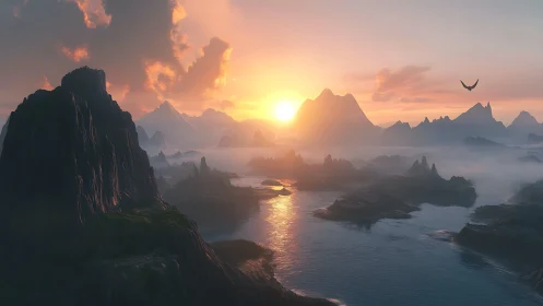 Dragon-watched sunrise over mist-wrapped fantasy fjords.