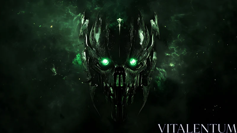 Haunting emerald skull emerging from deep cosmic shadows.