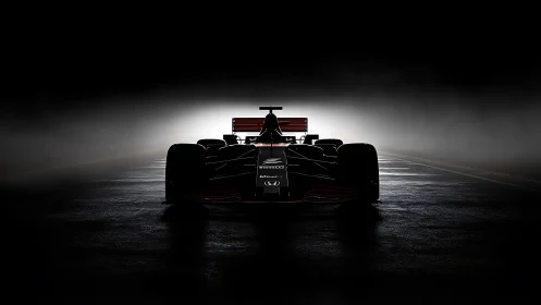 Formula race car silhouette under dramatic backlight.