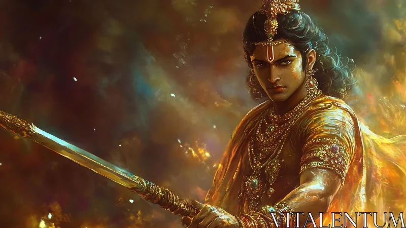 Warrior in golden armor holds sword against fiery backdrop