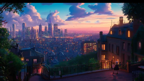 Sunset cityscape from hillside terrace with lone viewer.