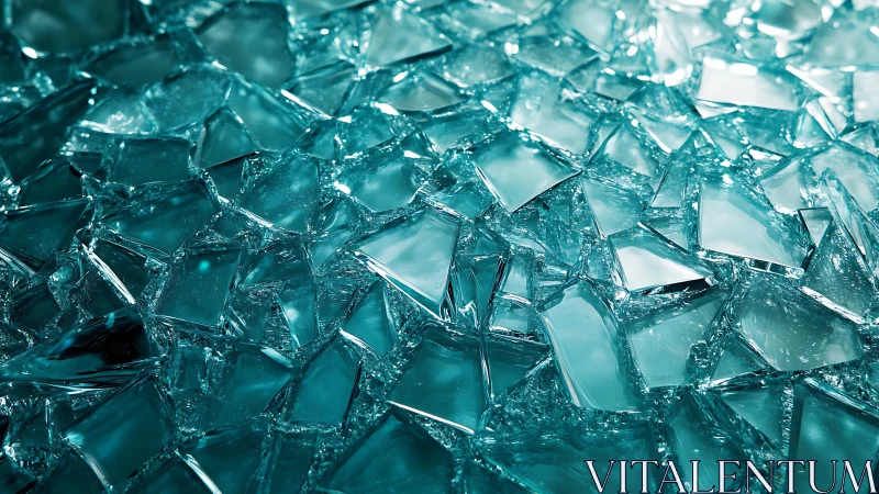 Close-up of broken glass shards with teal lighting, abstract style.