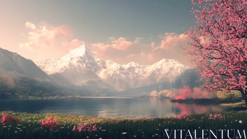 Snowy mountain lake with spring blossoms and soft sky.