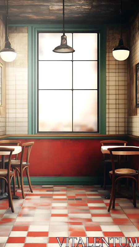Photorealistic vintage caf&eacute; interior with tiled perspective window.