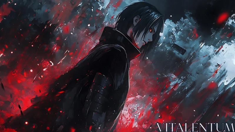 Dark haired anime figure stands in red and blue abstract chaos