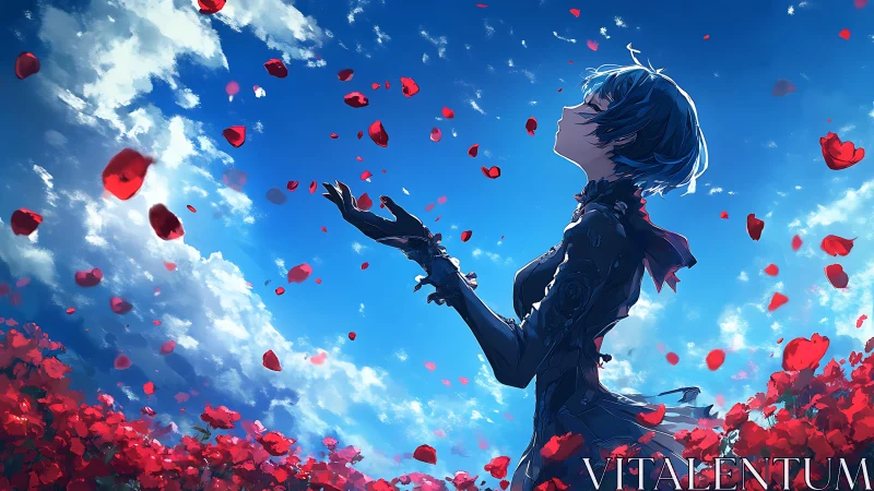 Blue haired figure exhales rose petals under vivid sky