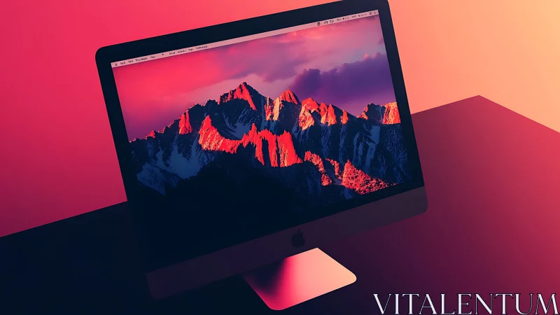 Desktop monitor glows with vivid mountain landscape wallpaper.