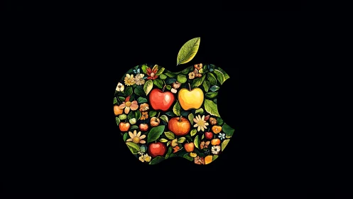 Floral apple silhouette with multicolored fruit cluster on black