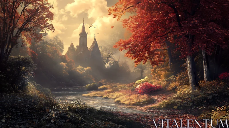 Medieval Castle Silhouette Framed by Golden Autumn Foliage and River