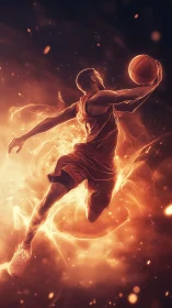 Fiery basketball dunk explodes with motion and heroic energy