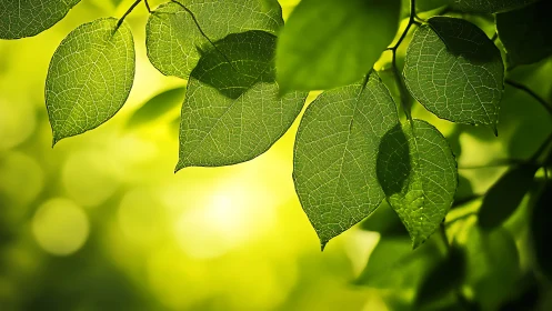 Close green leaves against bright yellow bokeh background