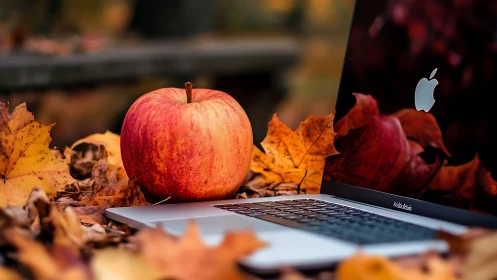 Red apple and laptop among autumn leaves outdoors.