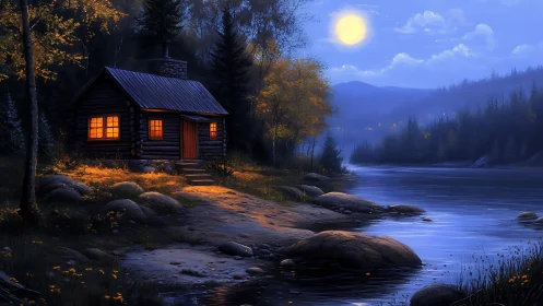 Moonlit riverside log cabin with warm autumn glow at dusk.