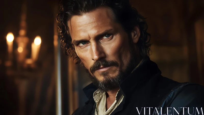 Brooding candlelit rogue with storm-lit, searching eyes.