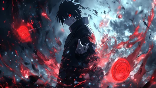 Storm-lit anime sorcerer wrapped in swirling red energy.