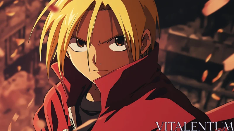 Determined blond anime combatant amid ember‑lit ruins.