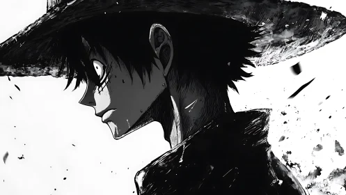 Brooding anime wanderer in tattered hat stands in stark contrast