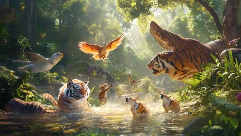 Jungle Sanctuary: Tigers and Wildlife in Luminous Forest Stream.